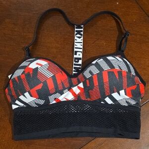 (J15) PINK Victoria's Secret Black and Red Graphic Sports Bra Sz S
